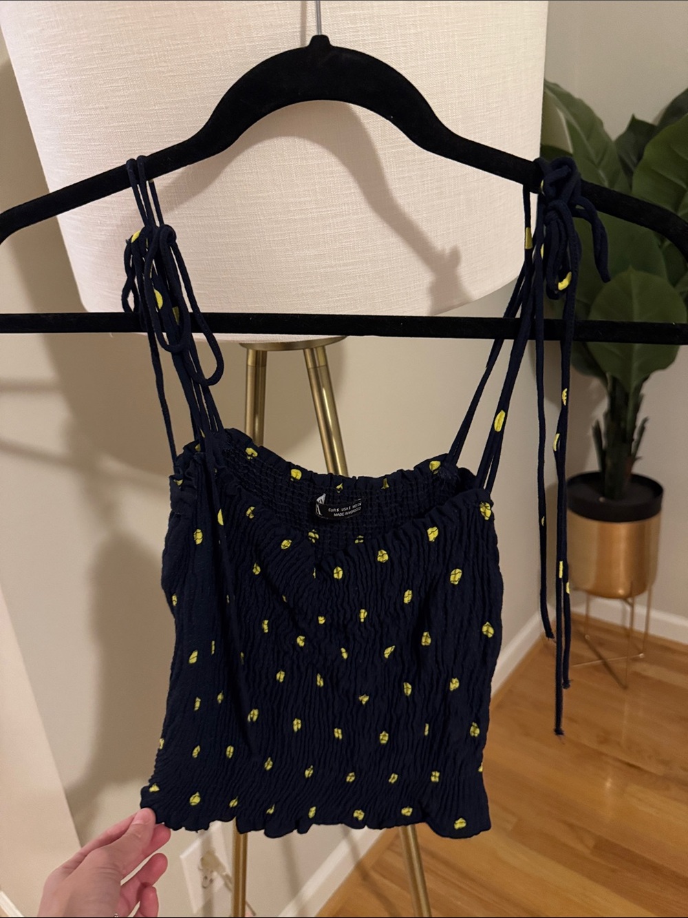 Zara Navy Smocked Tie-Shoulder Crop Top with Yellow Dot Print